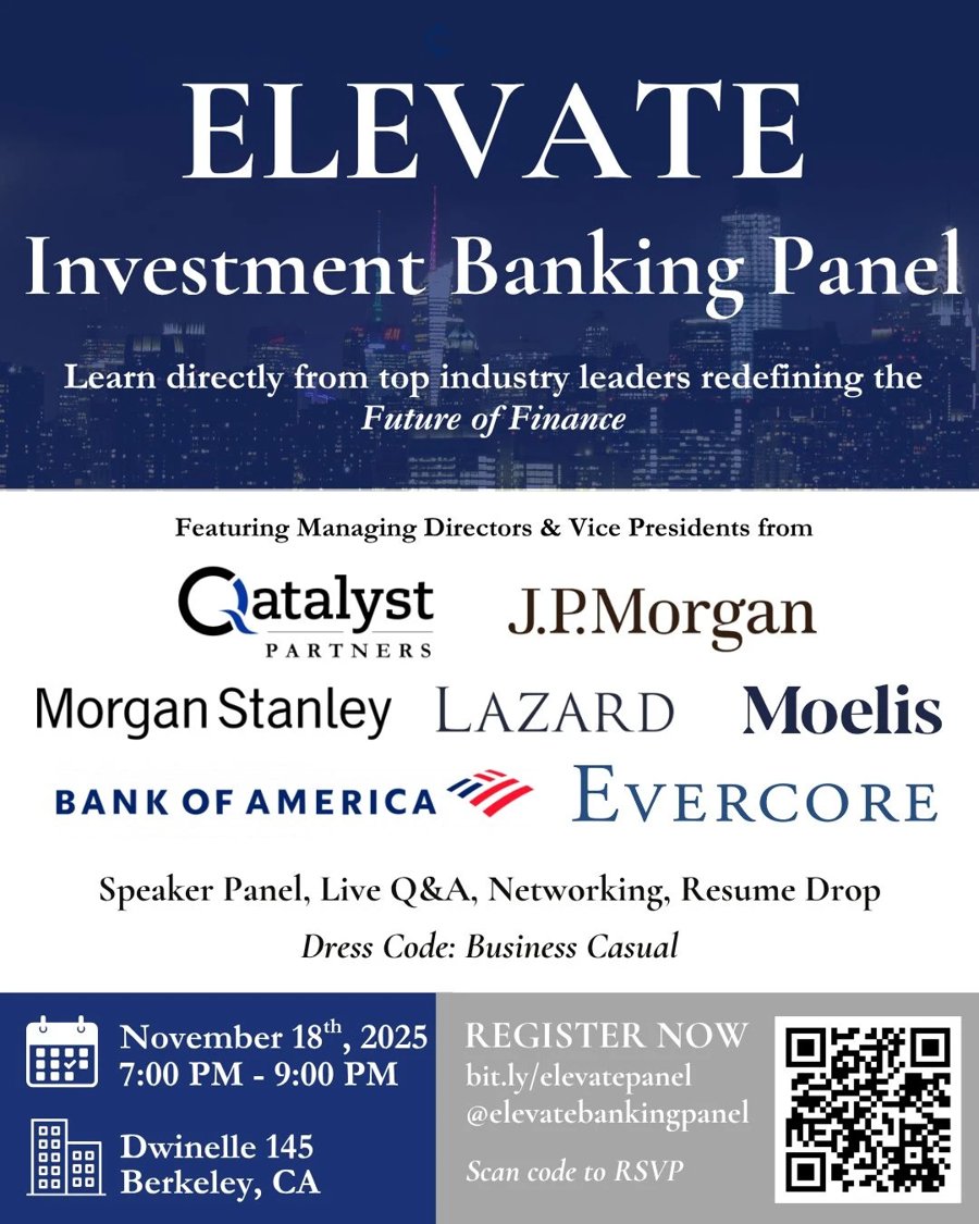 Flyer for the Elevate Investment Banking Panel, November 18, 2025, Dwinelle 145, Berkeley, featuring MDs and VPs from Qatalyst, J.P. Morgan, Morgan Stanley, Lazard, Moelis, Bank of America, and Evercore