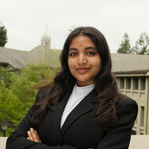 Sunskriti Jain on the UC Berkeley campus, with the Campanile behind her