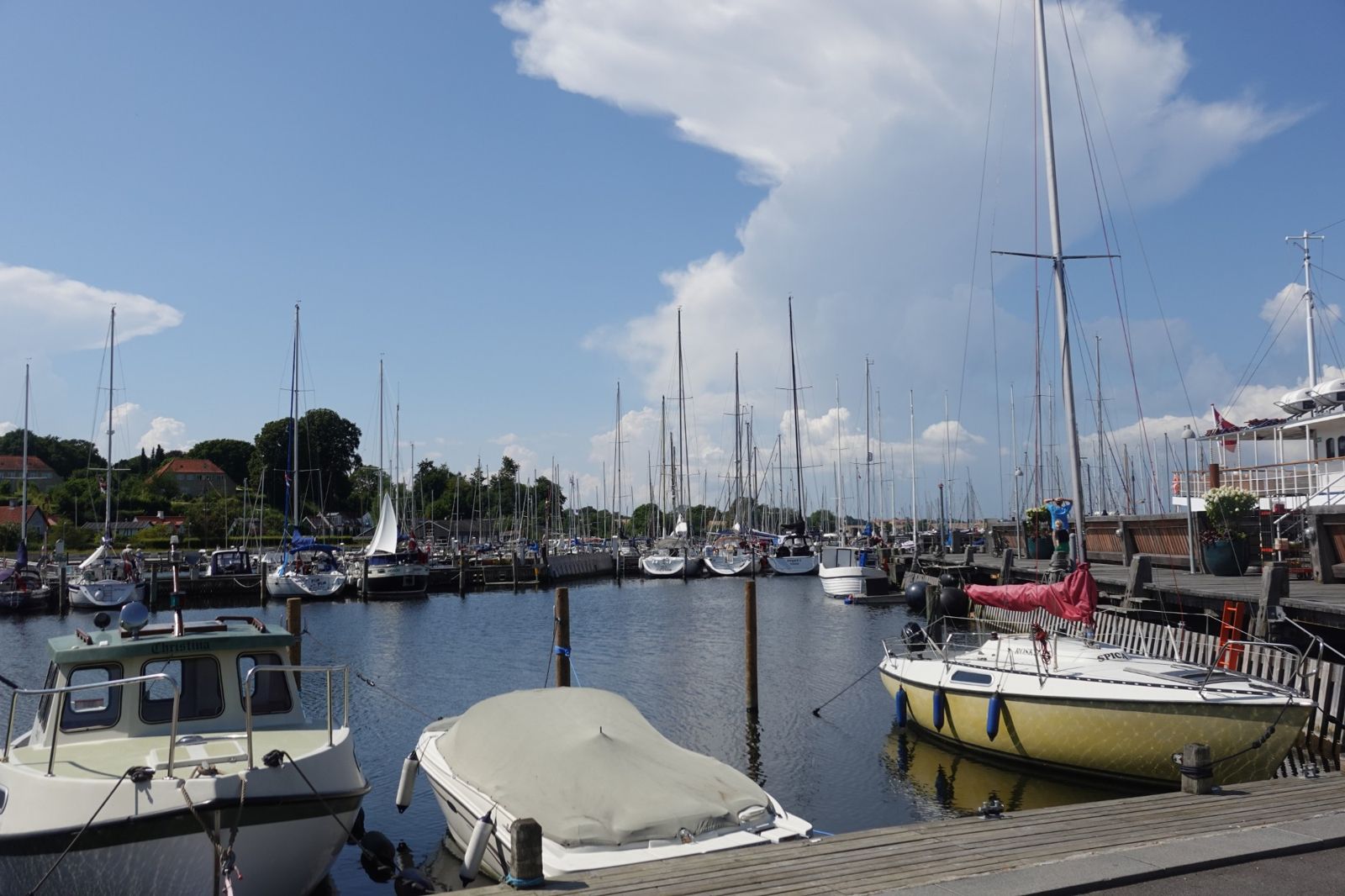 Sailboats moored in a marina under a towering cloud